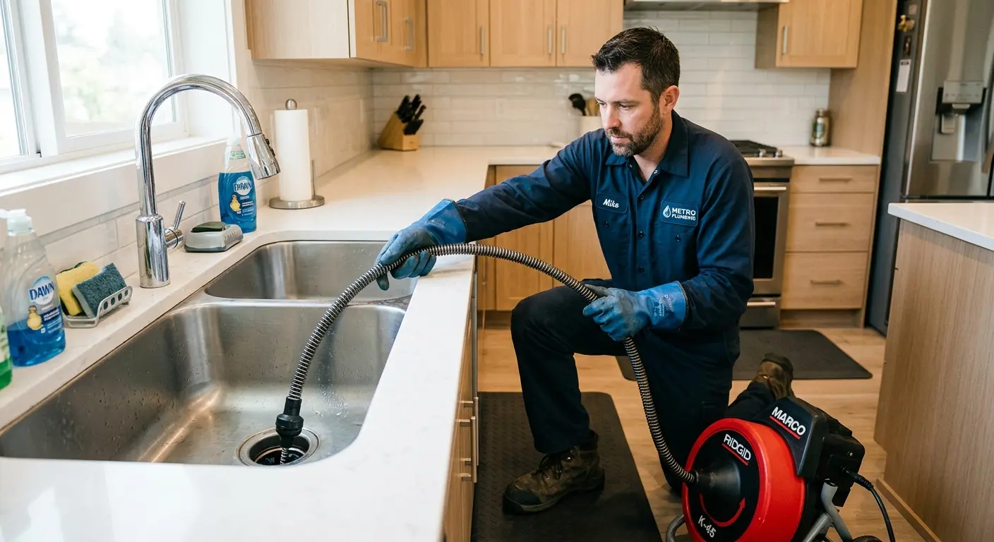 Drain cleaning technician using a motorized snake on a kitchen sink in Artesia