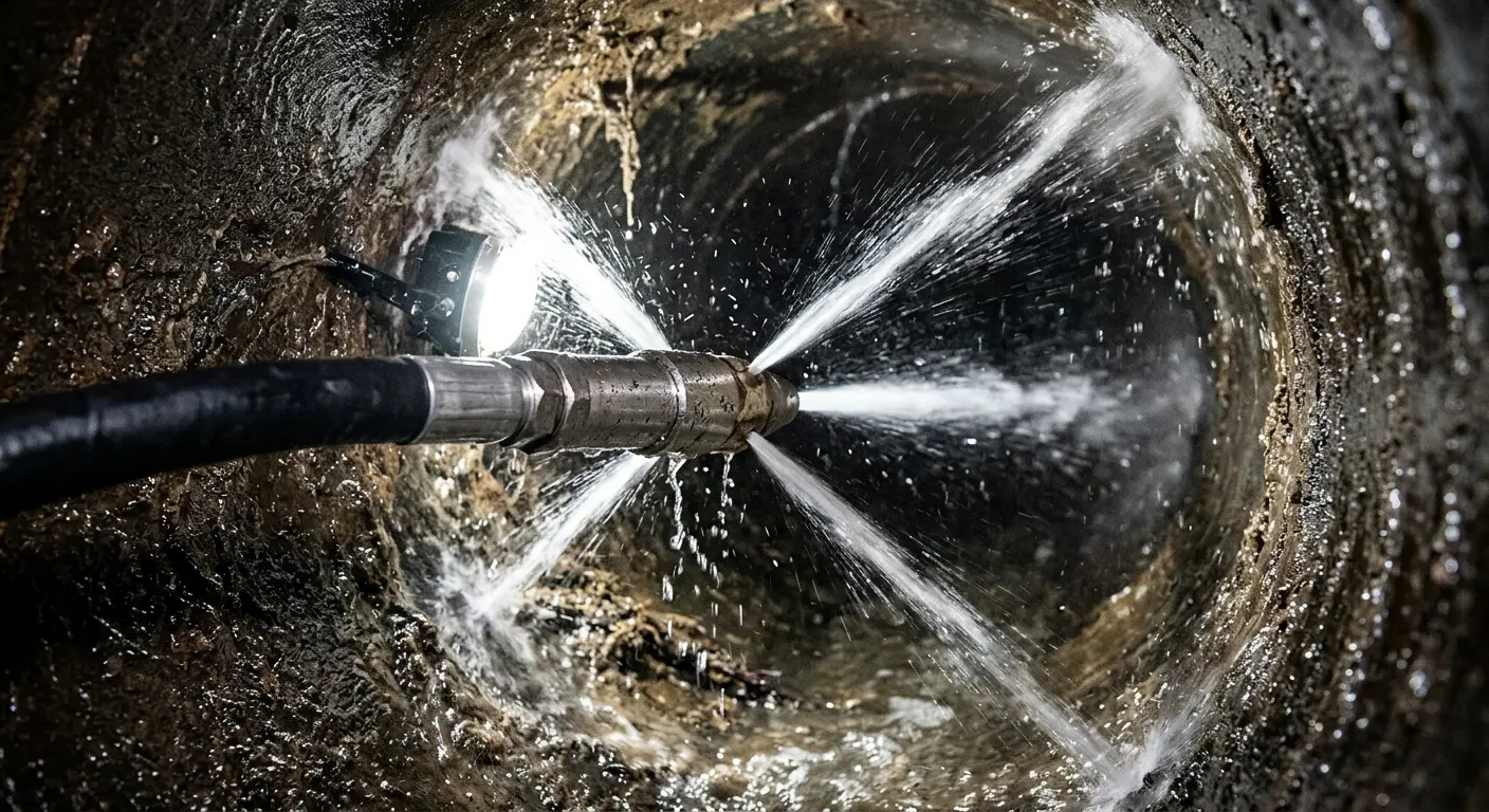 High-pressure hydro jetting nozzle cleaning sewer pipe for Sewer Cleanout in Artesia