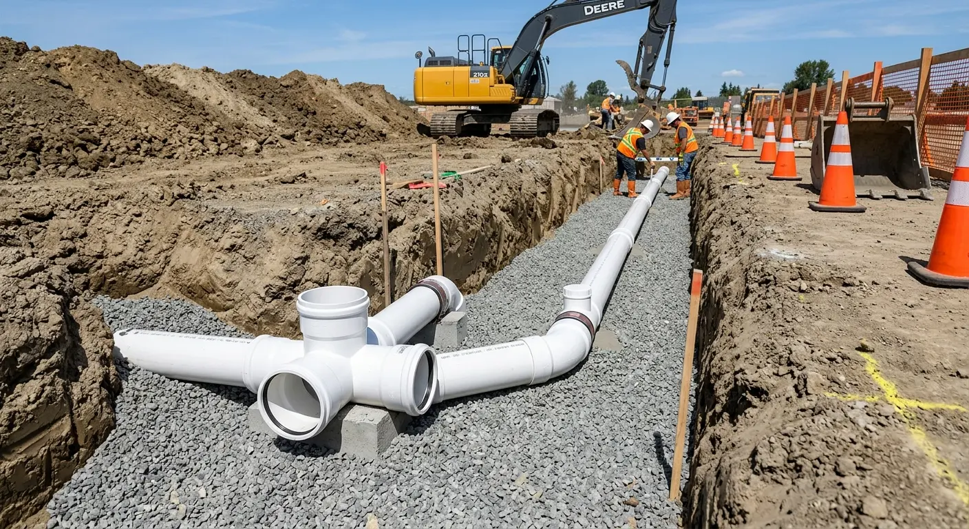 New PVC sewer pipe installation in open trench for Commercial Drain Cleaning in Artesia