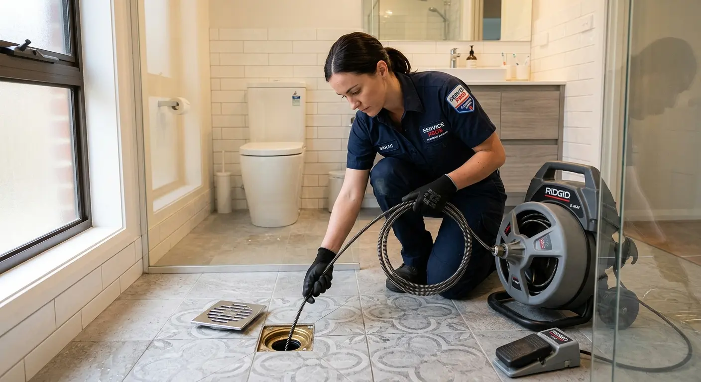 Technician clearing a bathroom floor drain for Clogged Drain Repair in Artesia